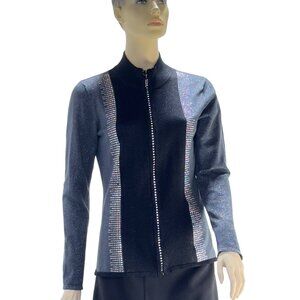 FONTANA Women’s Sweater Gray Black Jeweled Zipper Stretch LS Mock Turtle Size M